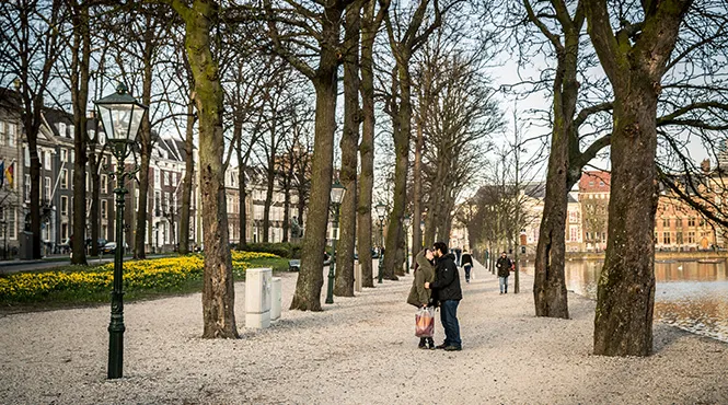 A romantic couple enjoying Lange Voorhout in The Hague